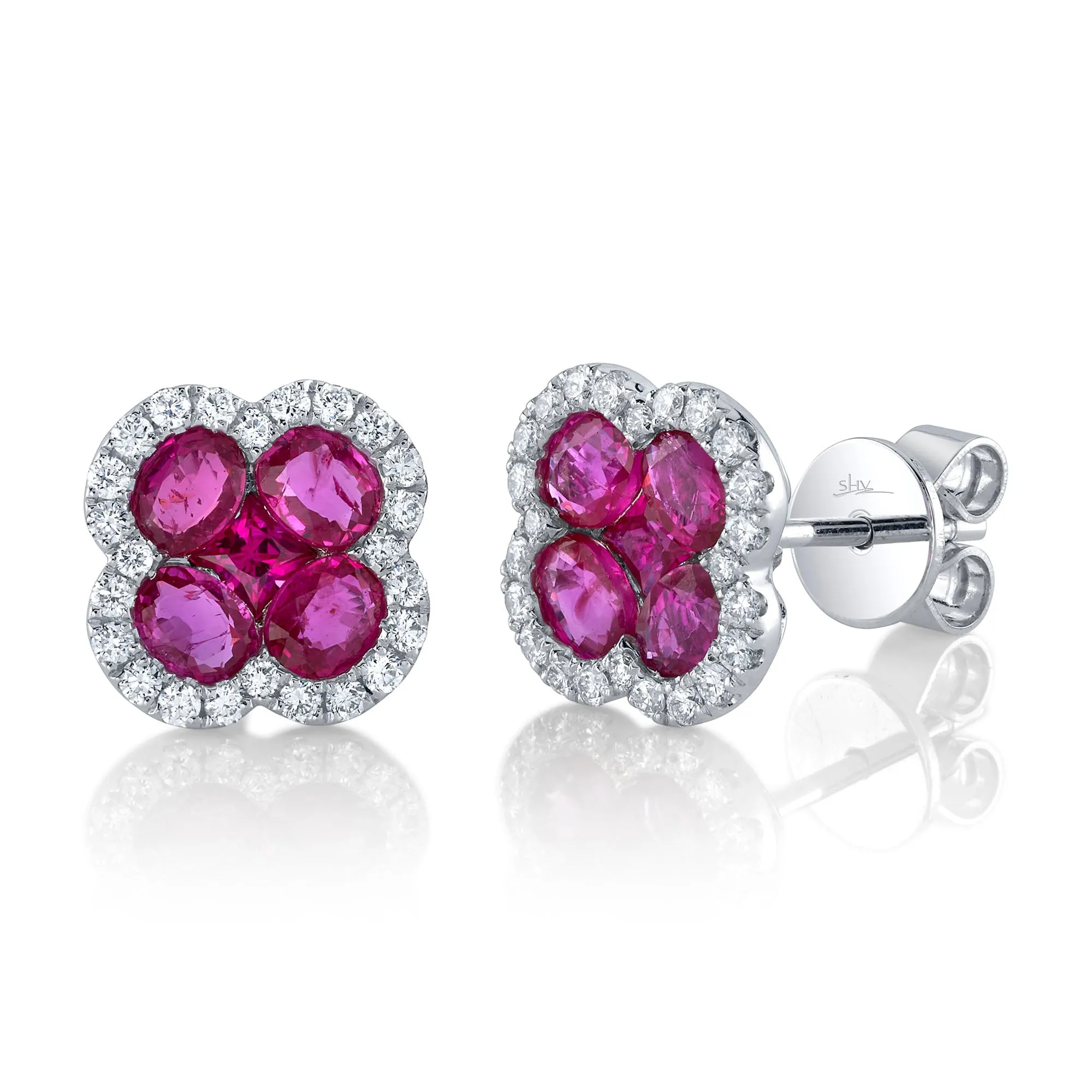 0.33CT DIAMOND & 2.03CT RUBY 14K W/G CLOVER STUD EARRING