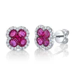 0.33CT DIAMOND & 2.03CT RUBY 14K W/G CLOVER STUD EARRING