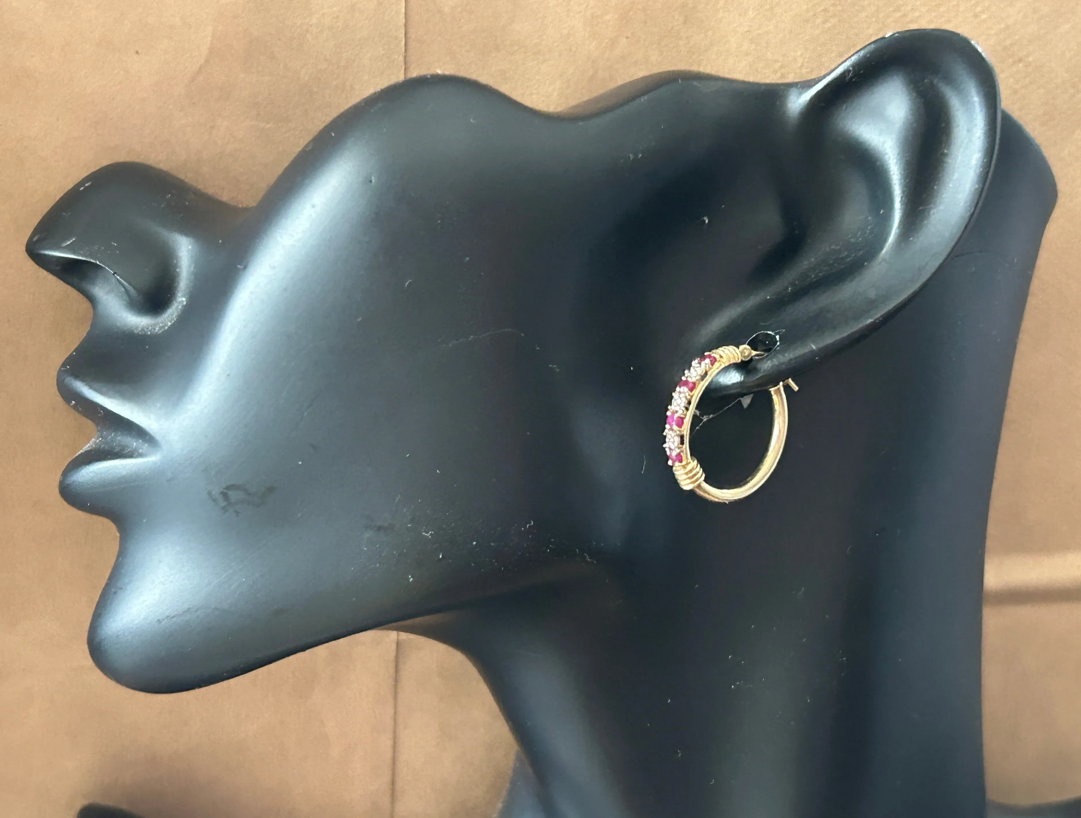 10k Yellow Gold Diamond Ruby Hoop Earrings MISSING STONE