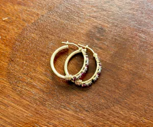10k Yellow Gold Diamond Ruby Hoop Earrings MISSING STONE