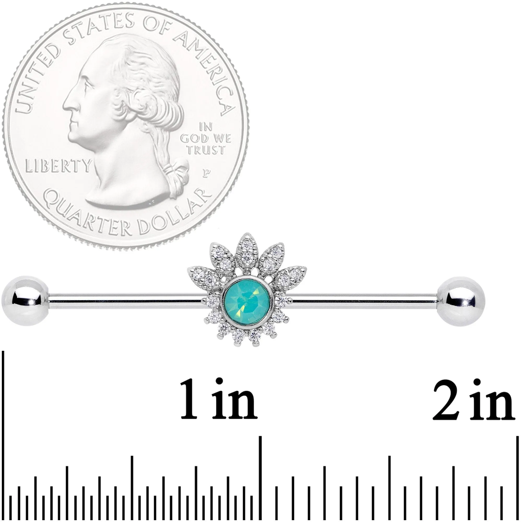 14 Gauge Clear CZ Gem Green Faux Opal Diadem Industrial Barbell 38mm