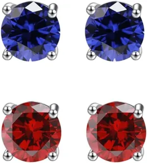14k White Gold Plated 2Ct Created Blue sapphire and  Ruby 2 Pair Round Stud Earrings