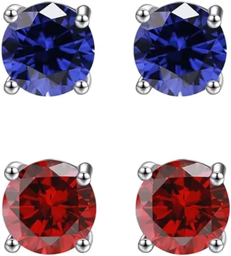 14k White Gold Plated 2Ct Created Blue sapphire and  Ruby 2 Pair Round Stud Earrings