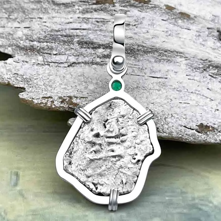 1720s Rimac River "Good Luck" Spanish 1/2 Reale "Piece of Eight" Sterling Silver with Emerald Pendant | Artifact #8242