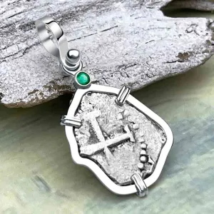 1720s Rimac River "Good Luck" Spanish 1/2 Reale "Piece of Eight" Sterling Silver with Emerald Pendant | Artifact #8242
