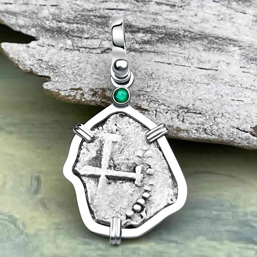 1720s Rimac River "Good Luck" Spanish 1/2 Reale "Piece of Eight" Sterling Silver with Emerald Pendant | Artifact #8242