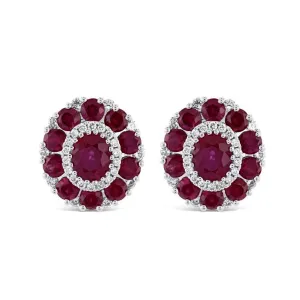 18ct White Gold Oval Cut Ruby & Diamond Cluster Stud Earrings