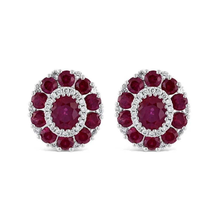 18ct White Gold Oval Cut Ruby & Diamond Cluster Stud Earrings