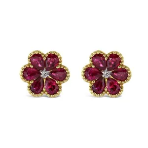 18ct Yellow Gold Ruby & Diamond Flower Stud Earrings