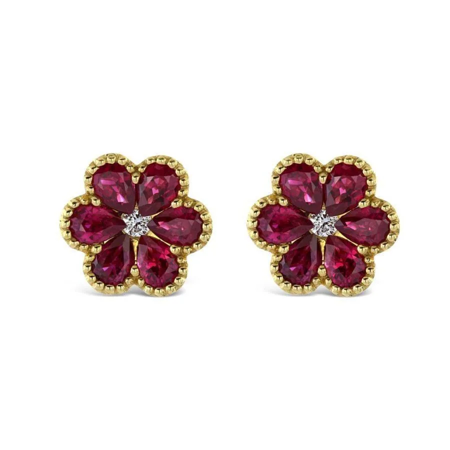 18ct Yellow Gold Ruby & Diamond Flower Stud Earrings
