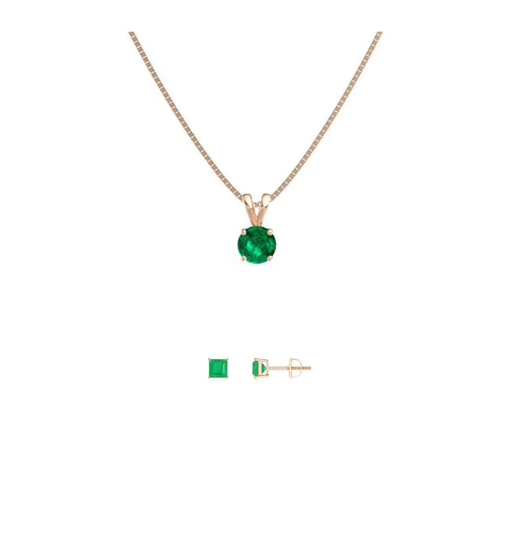 18K Rose Gold 1/2ct Emerald Round 18 Inch Necklace and Square Earrings Set Plated
