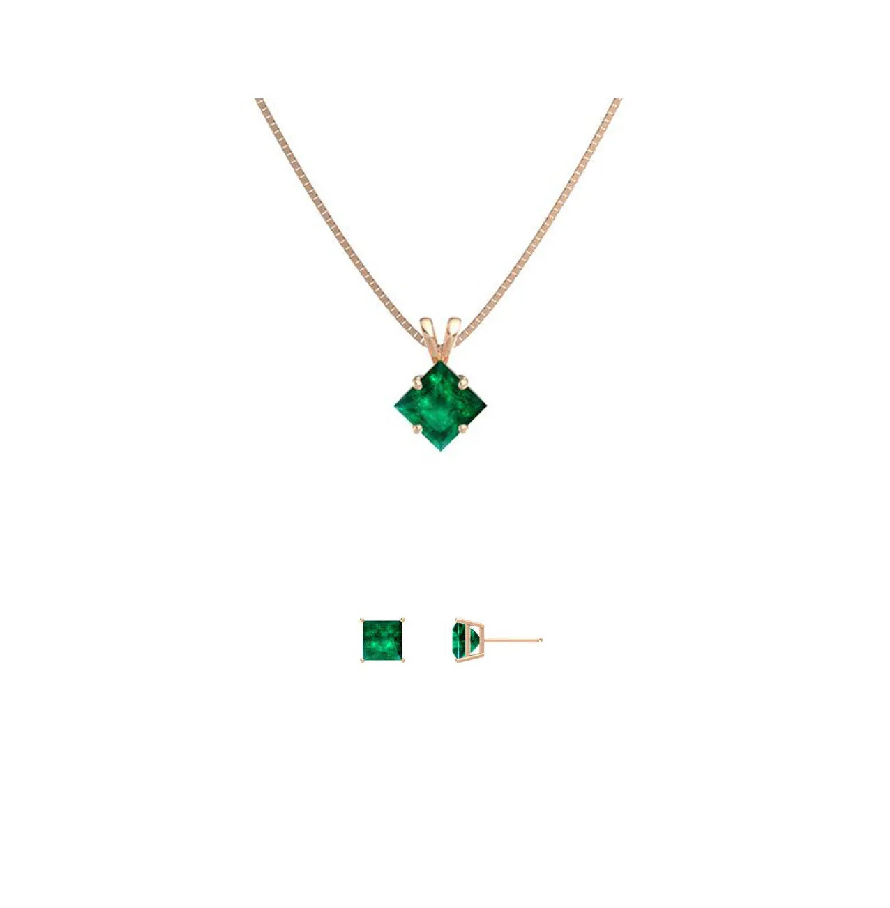 18K Rose Gold 2ct Emerald Square 18 Inch Necklace and Earrings Set Plated
