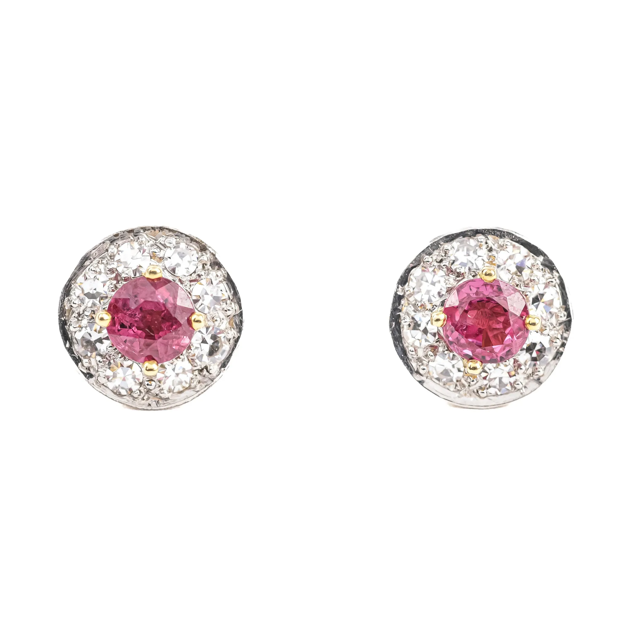 18K Yellow & White Ruby DIamond Cluster Studs