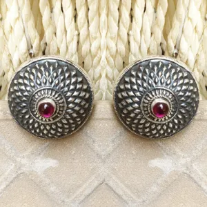 925 Silver Antique Look Stud With Ruby Red Center