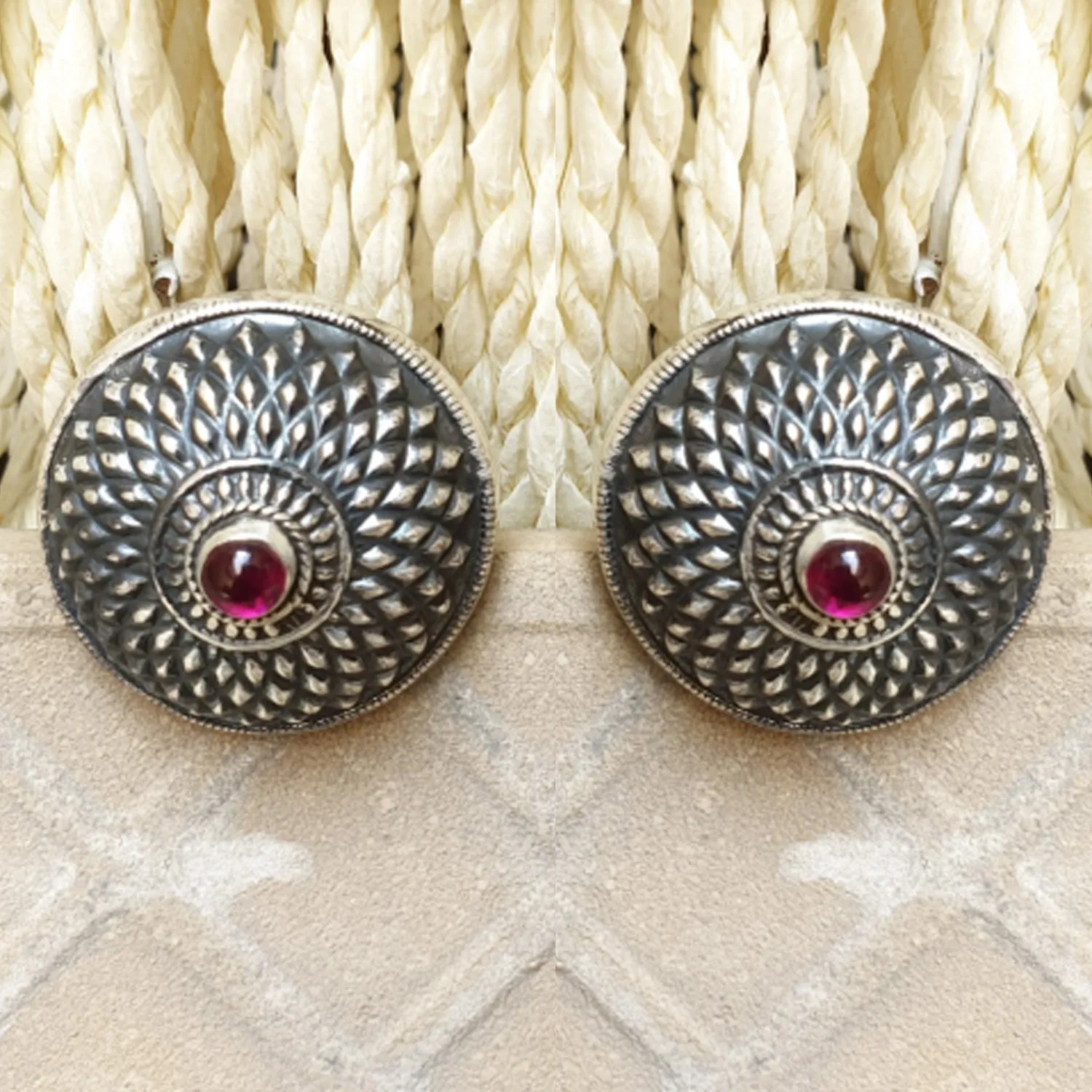 925 Silver Antique Look Stud With Ruby Red Center
