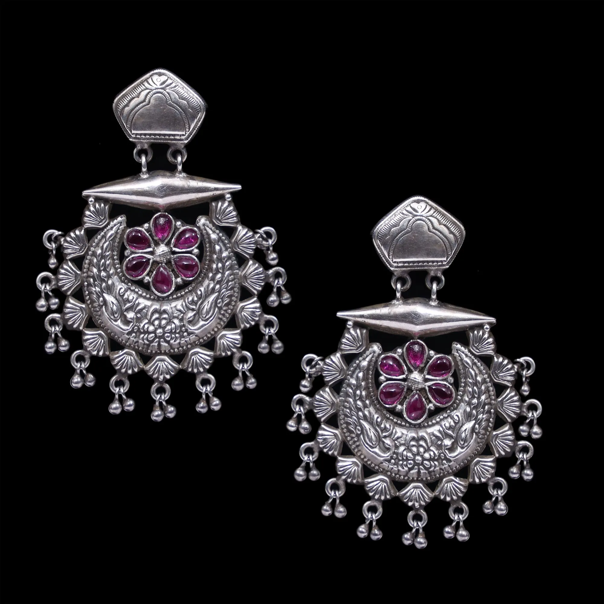 925 Silver Handmade Earring With Ruby Color and Silver Ball Hanging
