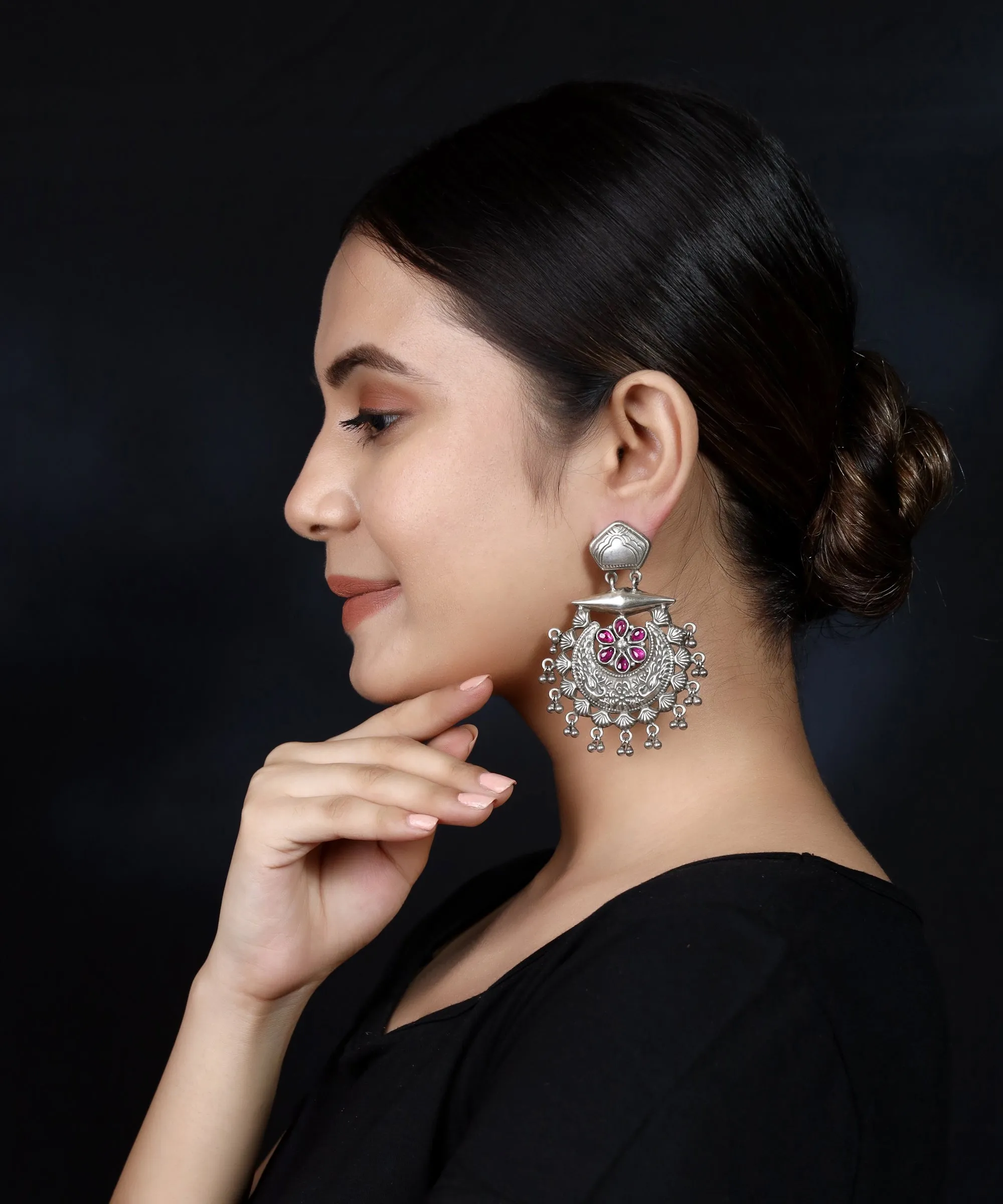 925 Silver Handmade Earring With Ruby Color and Silver Ball Hanging