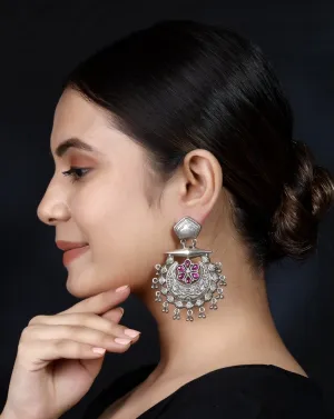925 Silver Handmade Earring With Ruby Color and Silver Ball Hanging