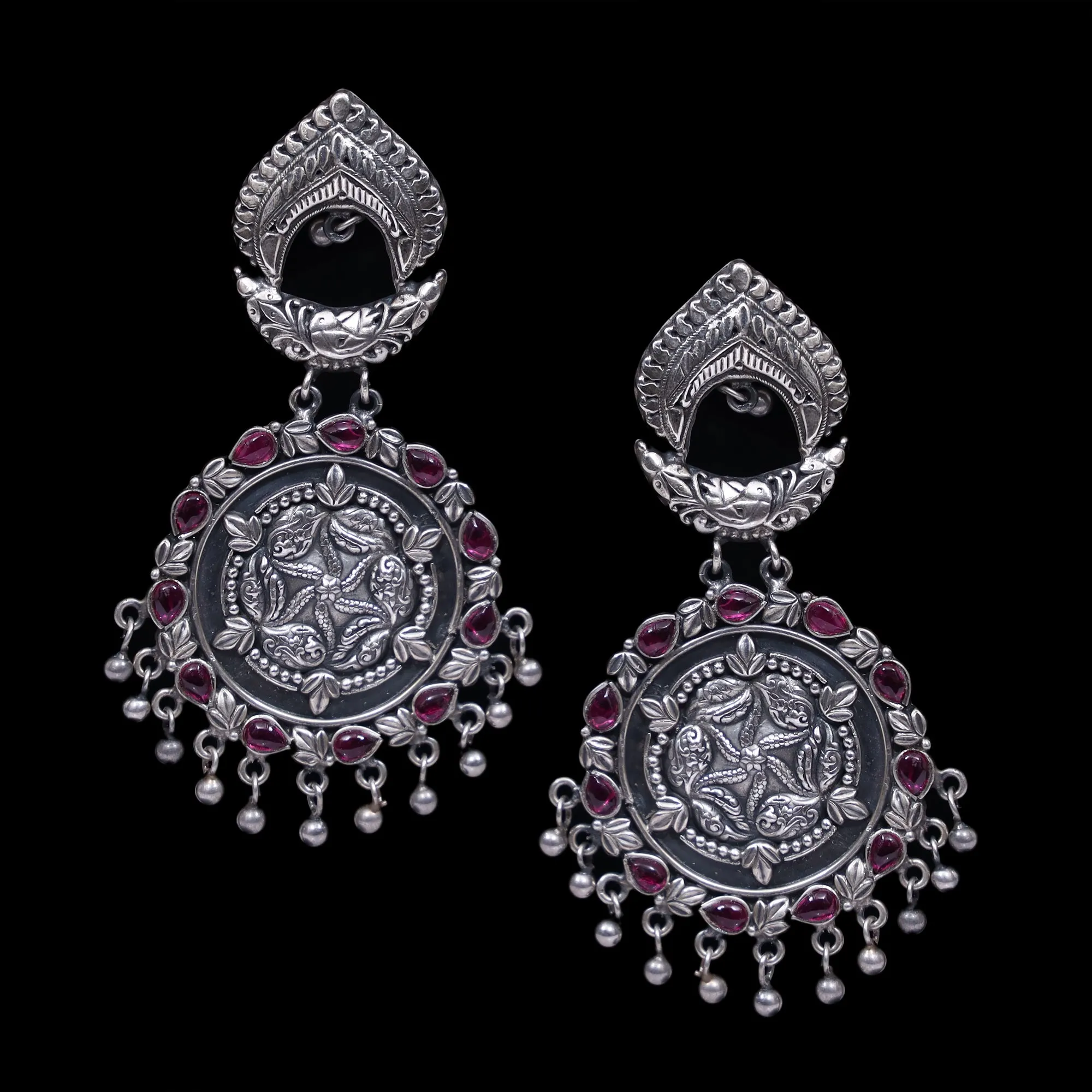 925 Silver Long Handmade Earring with Ruby Color and Silver Ball Hanging