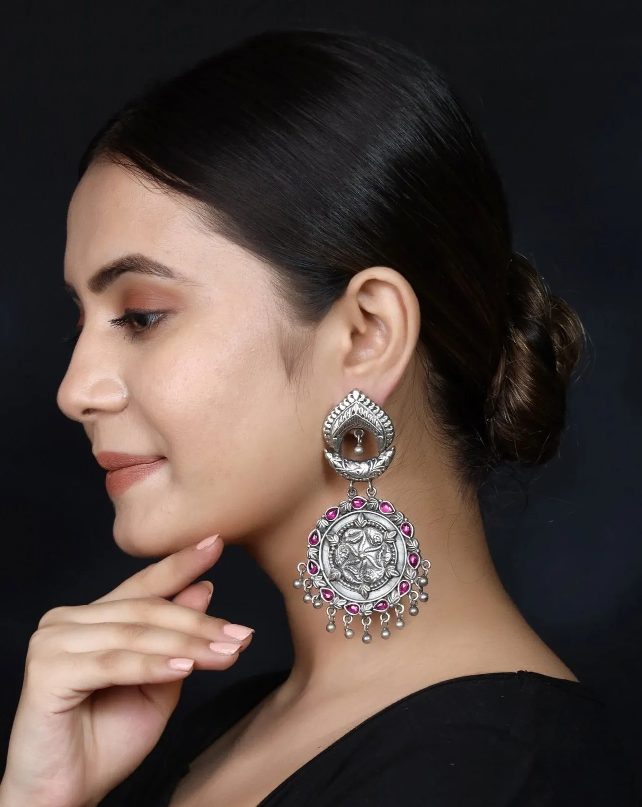 925 Silver Long Handmade Earring with Ruby Color and Silver Ball Hanging
