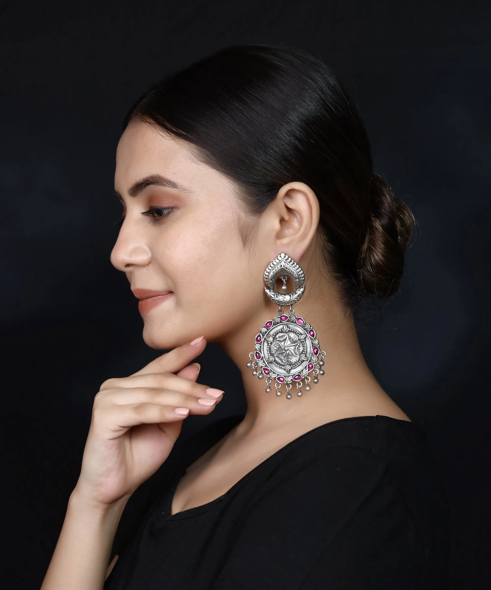 925 Silver Long Handmade Earring with Ruby Color and Silver Ball Hanging