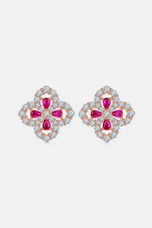 925 Sterling Silver Lab-Grown Ruby Flower Shape Stud Earrings
