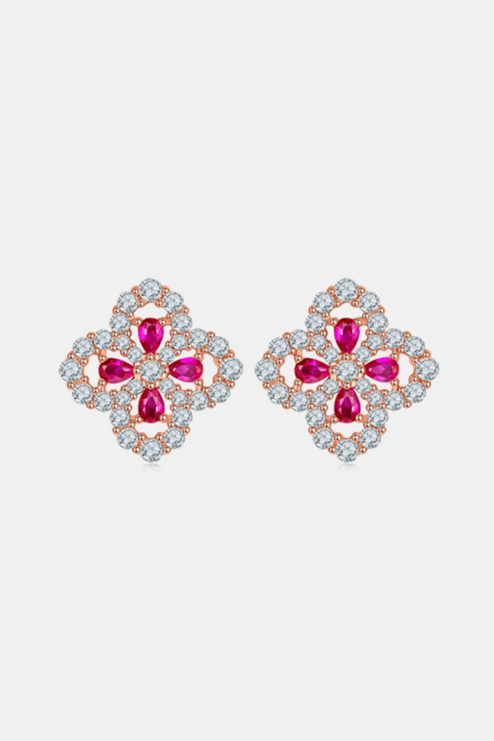 925 Sterling Silver Lab-Grown Ruby Flower Shape Stud Earrings