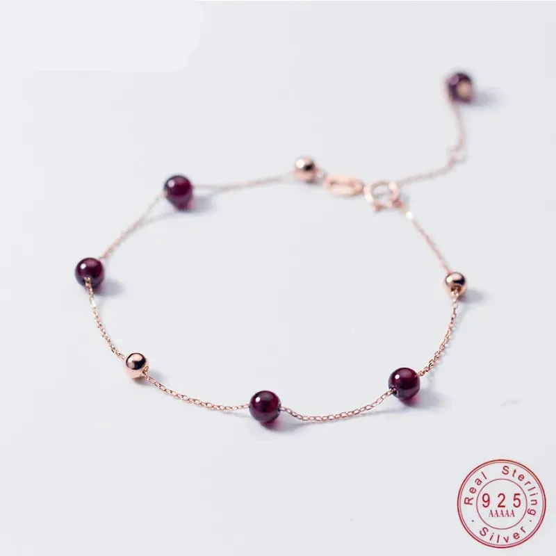 925 Sterling Silver Women's Round Red Garnet Beaded Chain Link Charm Bracelet