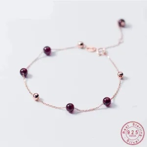 925 Sterling Silver Women's Round Red Garnet Beaded Chain Link Charm Bracelet
