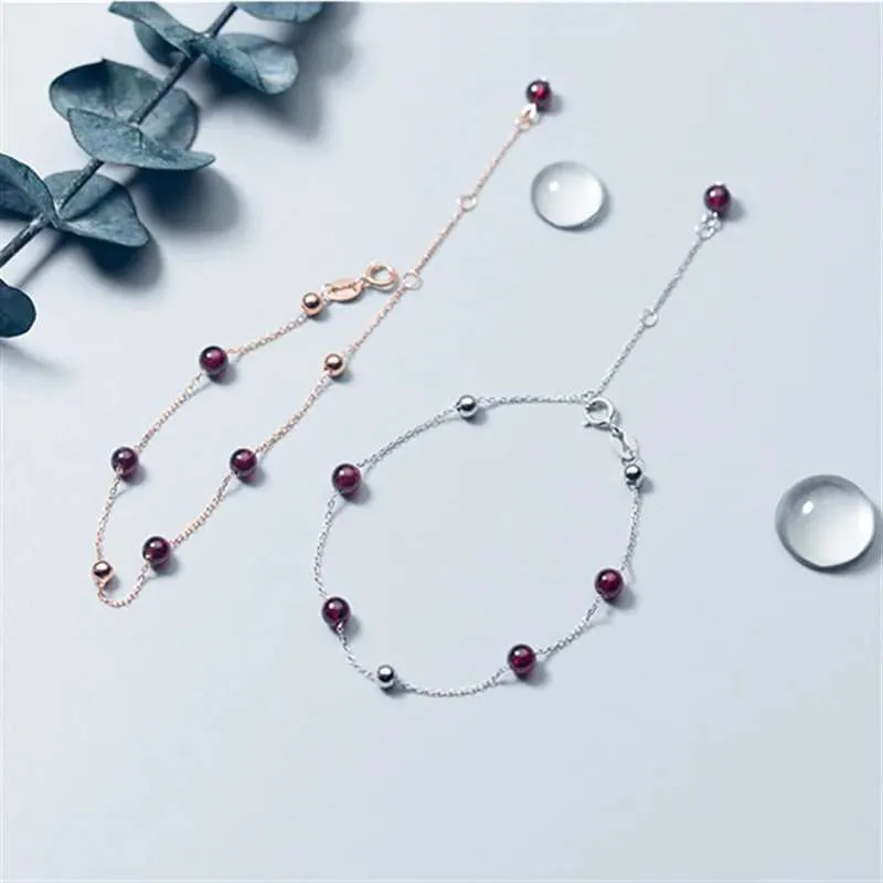 925 Sterling Silver Women's Round Red Garnet Beaded Chain Link Charm Bracelet
