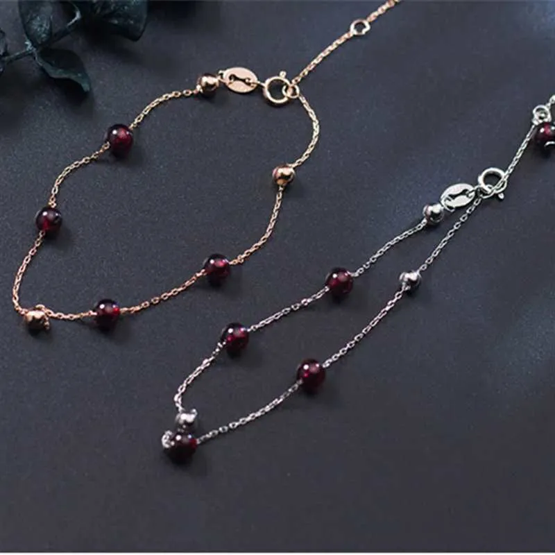 925 Sterling Silver Women's Round Red Garnet Beaded Chain Link Charm Bracelet
