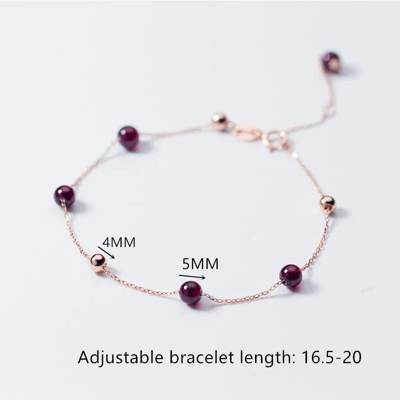 925 Sterling Silver Women's Round Red Garnet Beaded Chain Link Charm Bracelet