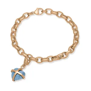 9ct Rose Gold Aquamarine Small Cross Heart Charm Bracelet