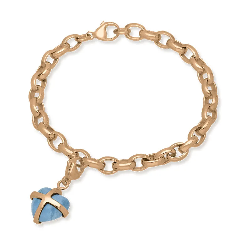 9ct Rose Gold Aquamarine Small Cross Heart Charm Bracelet