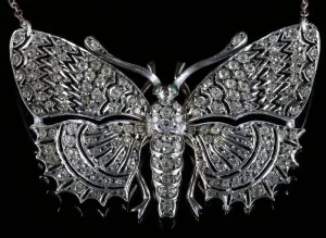 Antique Victorian Paste Butterfly Pendant Necklace Silver Emerald Eyes