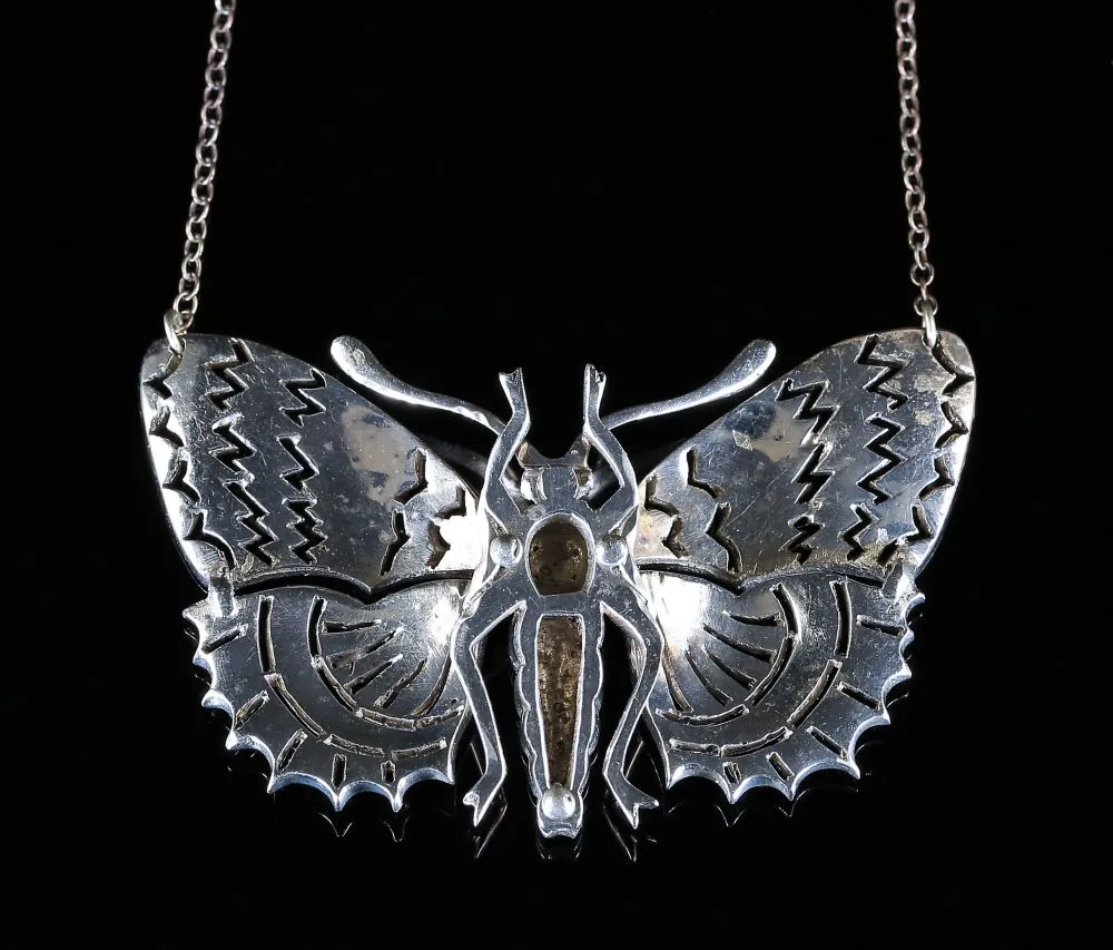 Antique Victorian Paste Butterfly Pendant Necklace Silver Emerald Eyes