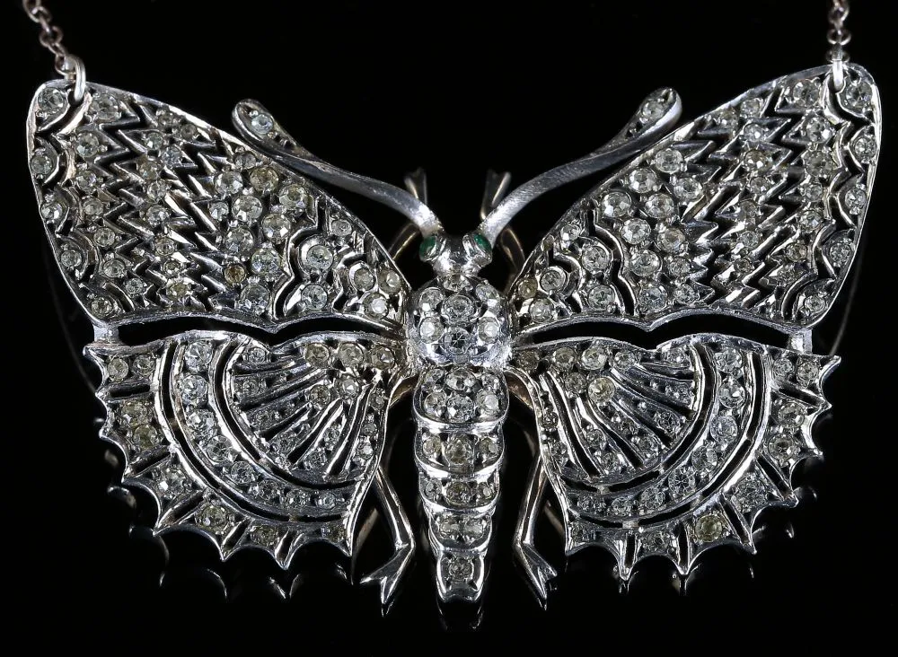 Antique Victorian Paste Butterfly Pendant Necklace Silver Emerald Eyes