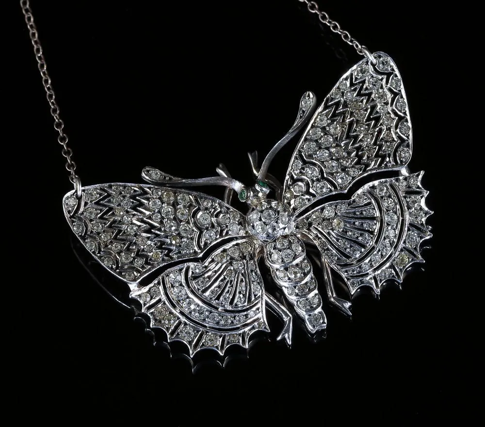 Antique Victorian Paste Butterfly Pendant Necklace Silver Emerald Eyes