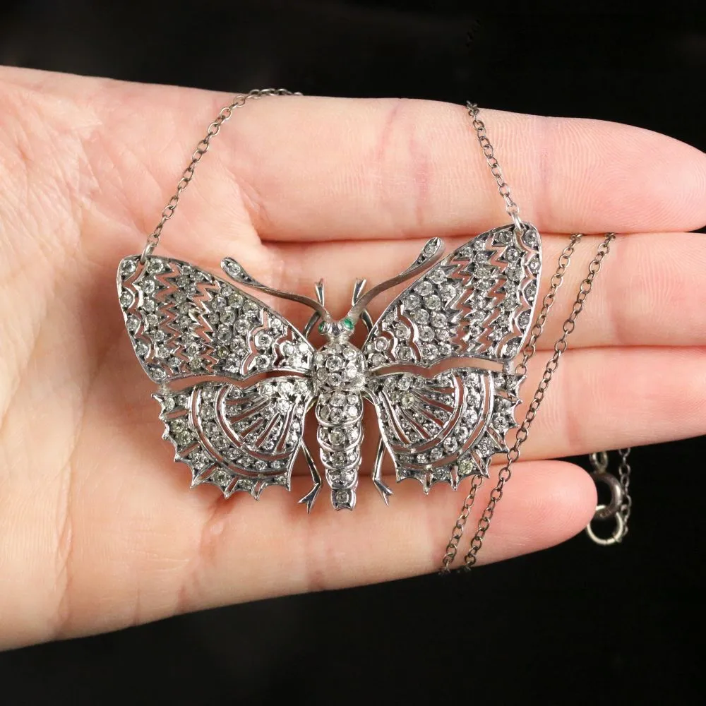 Antique Victorian Paste Butterfly Pendant Necklace Silver Emerald Eyes