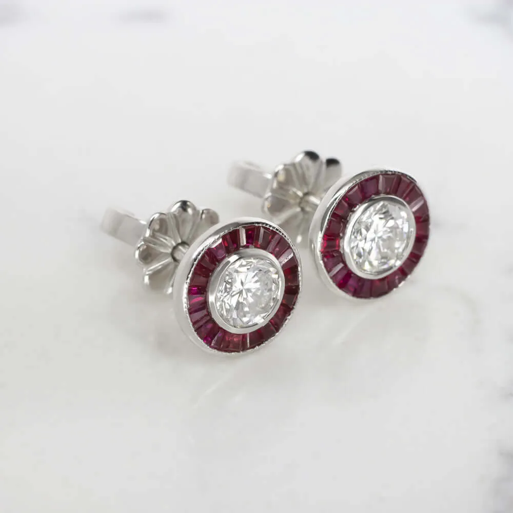 ART DECO STYLE E-F SI2 DIAMOND RUBY STUD EARRINGS ROUND CUT CALIBRE HALO TARGET