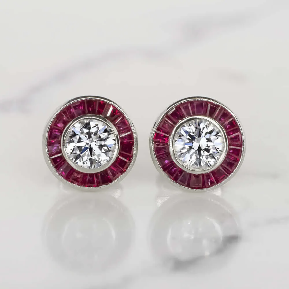 ART DECO STYLE E-F SI2 DIAMOND RUBY STUD EARRINGS ROUND CUT CALIBRE HALO TARGET