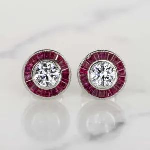 ART DECO STYLE E-F SI2 DIAMOND RUBY STUD EARRINGS ROUND CUT CALIBRE HALO TARGET