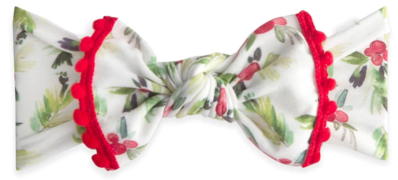 Baby Bling Holly Berry Printed Pom Trimmed Knot Headband