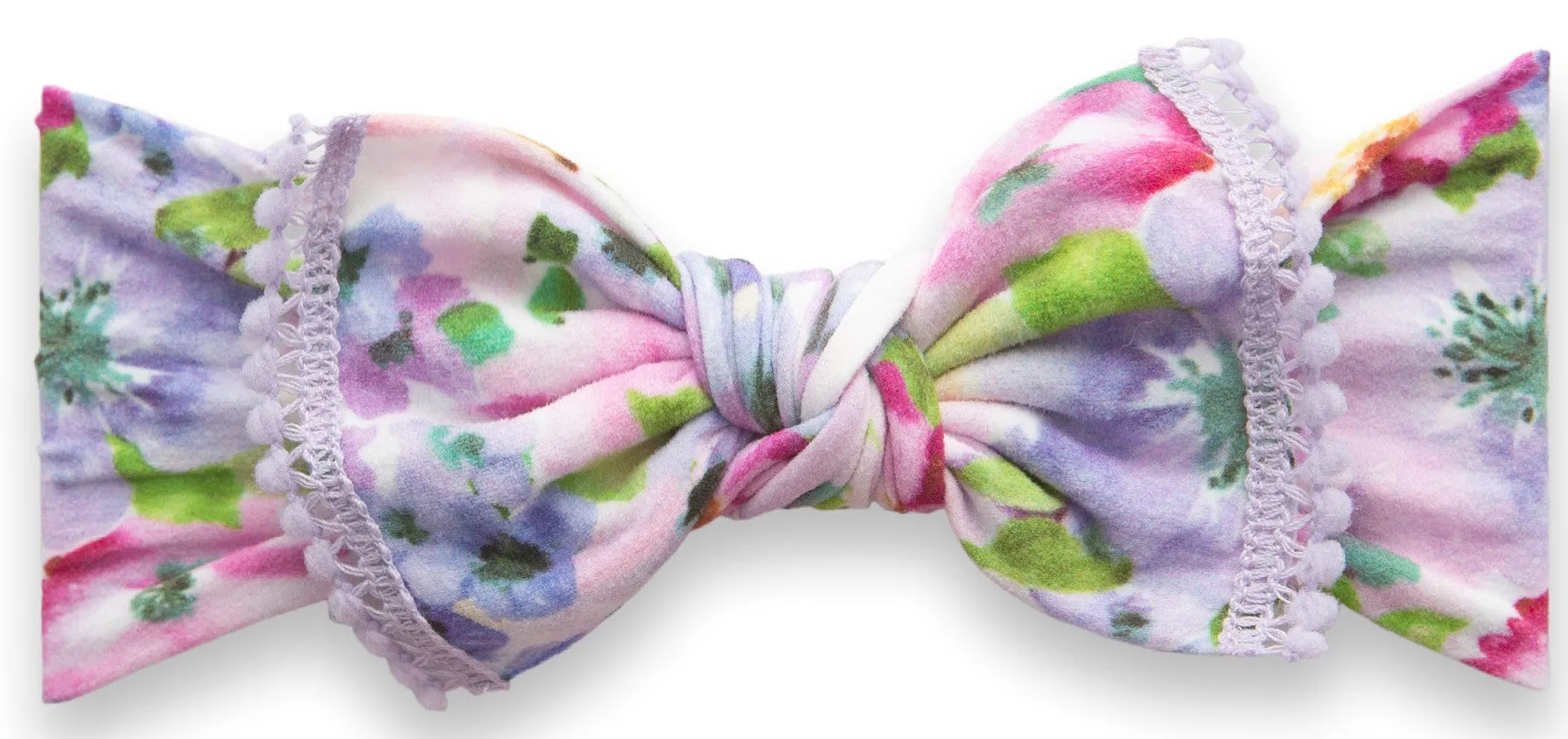 Baby Bling Violets Mini Pom Trimmed Printed Knot Headband