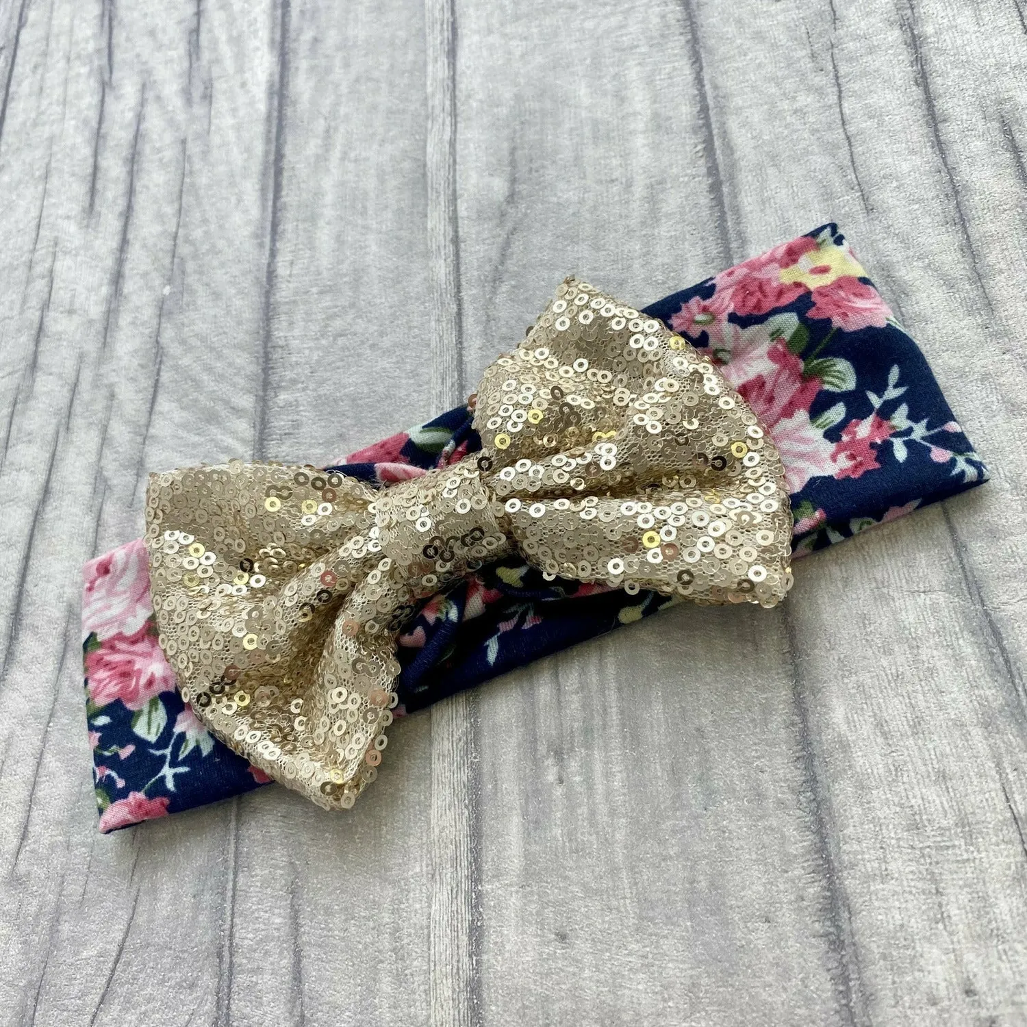 Baby Girl Floral Pattern Headband with Gold Sequin Glitter Bow
