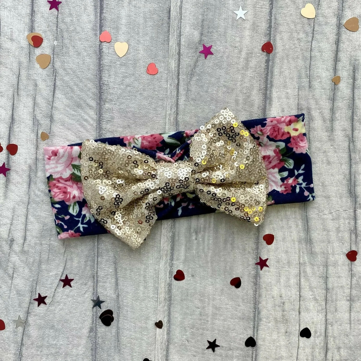 Baby Girl Floral Pattern Headband with Gold Sequin Glitter Bow