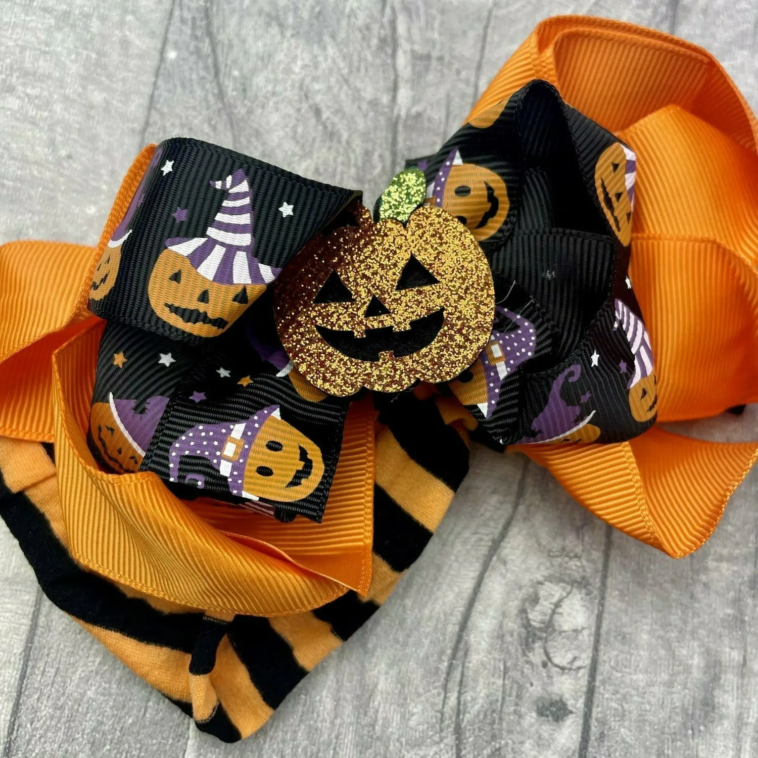 Baby Girl Newborn and Toddler Halloween Pumpkin Bow Headband, Orange, Black & Purple