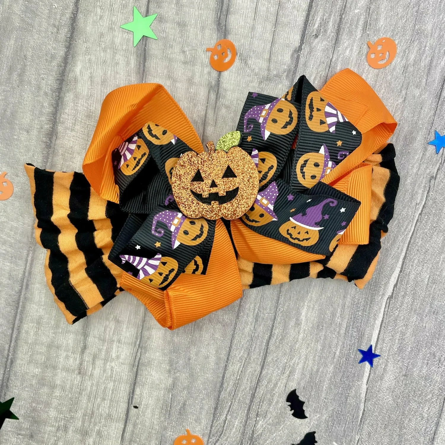 Baby Girl Newborn and Toddler Halloween Pumpkin Bow Headband, Orange, Black & Purple