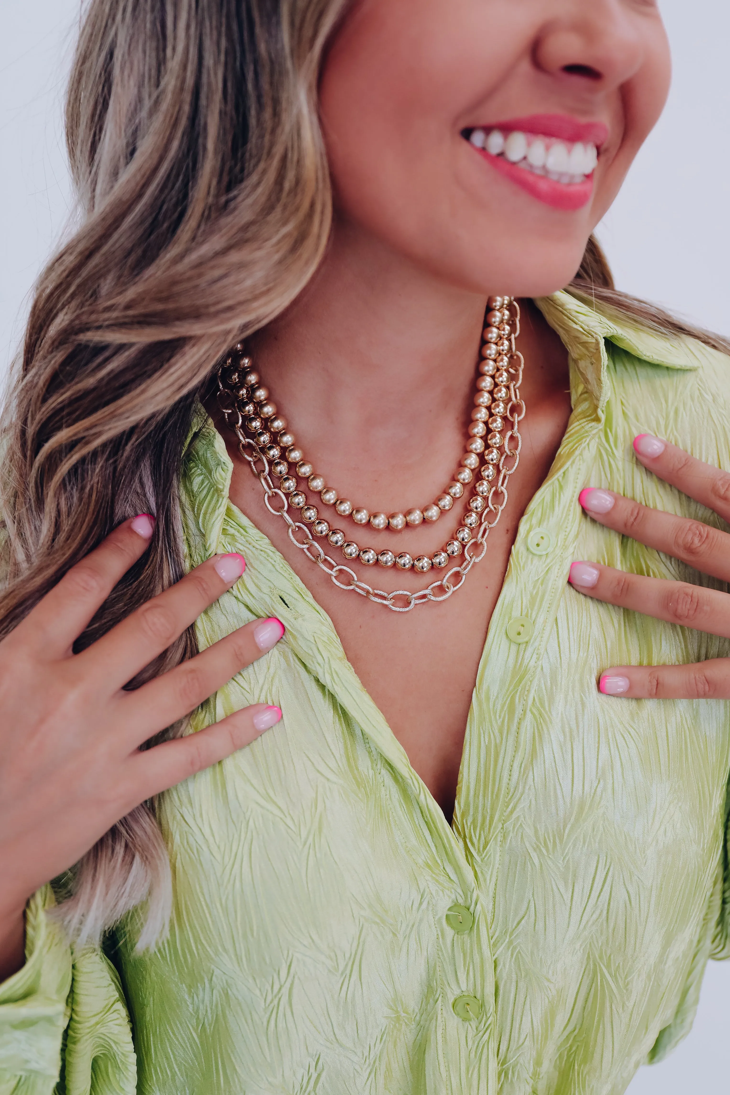 Ball Beaded Layered Chain Necklace - Gold