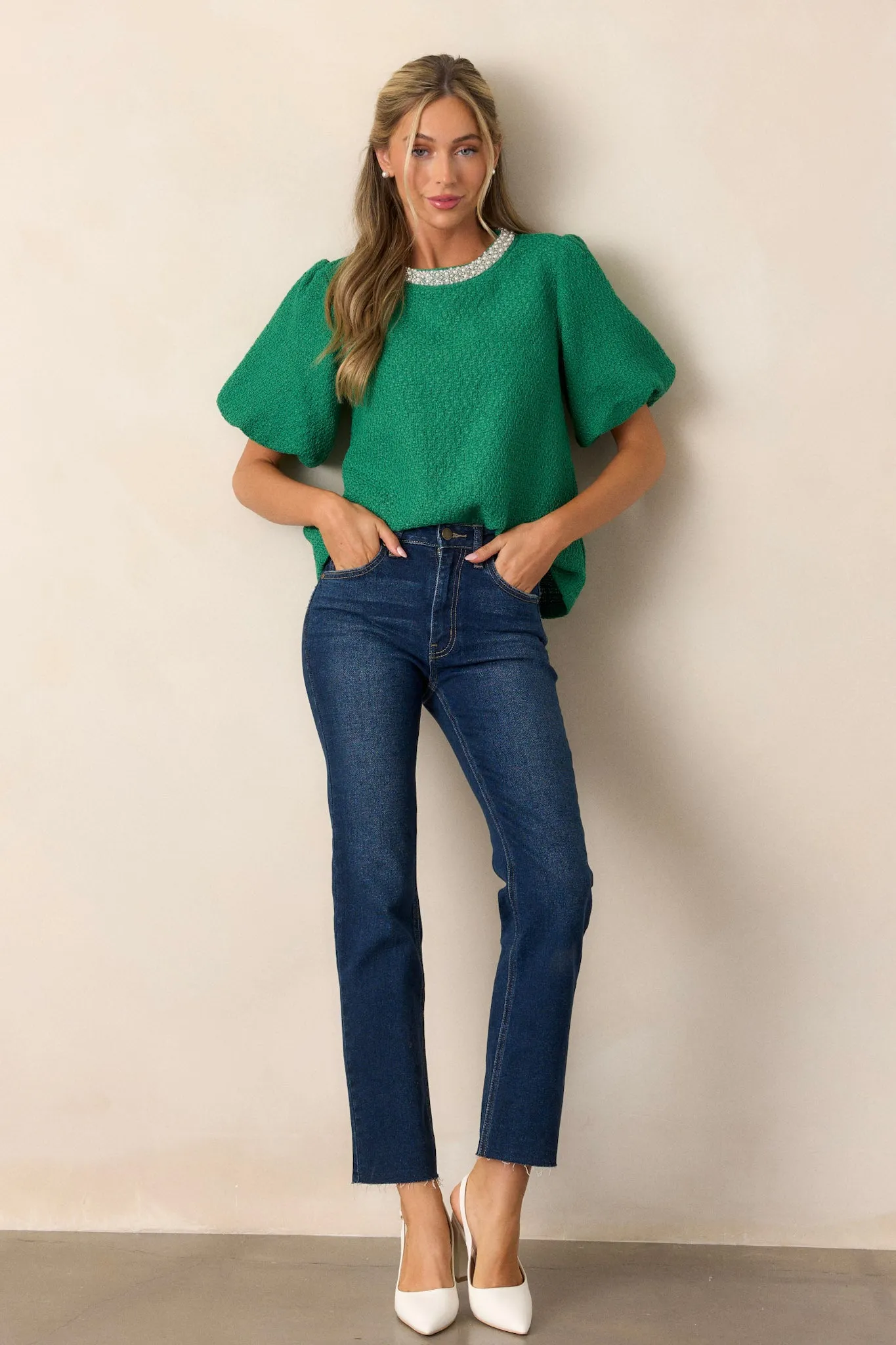 Bejeweled Jade Green Bubble Sleeve Top